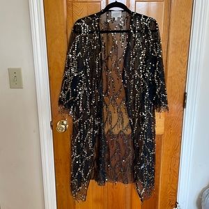 Glitzy black and gold sequin fringe detail kimono Large